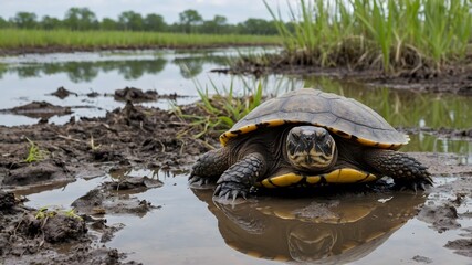 Fototapeta premium Swamp Odyssey: A Turtle's Journey Through Hidden Realms