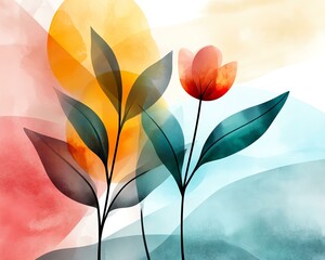 Fototapeta premium A vibrant watercolor illustration of flowers with colorful abstract backgrounds.