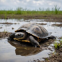 Fototapeta premium Journey Through the Marsh: A Turtle's Exploration of the Swamp