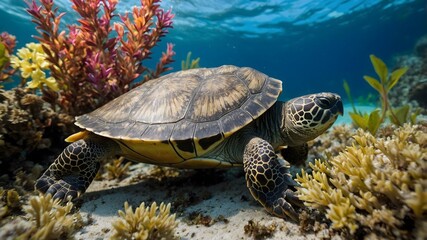 Fototapeta premium Hidden Harmony: A Musk Turtle in a Flourishing Underwater Garden