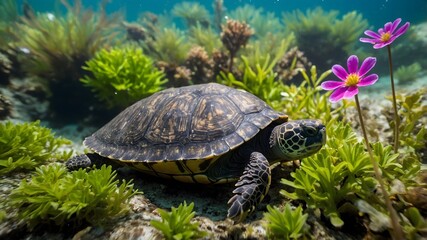 Nature’s Oasis: A Musk Turtle in a Vibrant Aquatic Landscape