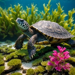 Fototapeta premium Submerged Serenity: A Musk Turtle in a Colorful Aquatic Habitat
