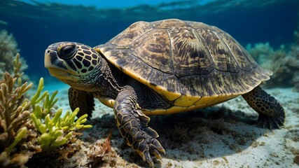 Fototapeta premium Flora and Fauna: A Musk Turtle's Peaceful Journey Through Lush Waters