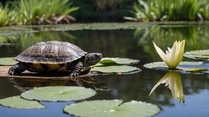 Fototapeta premium Tranquil Companions: A Musk Turtle and Frog in Peaceful Coexistence