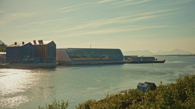 View of the glass facades of the Hurtigruen Museum in Stokmarknes, Norway.
Home of the MS Finnmarken from 1956.