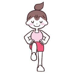 目を閉じ腰に手をあて片足上げをする女性全身イラスト