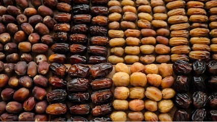 A Neatly Arranged Selection of Assorted Date Fruits in Different Varieties