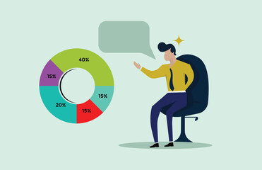 Man presenting data on a donut chart.