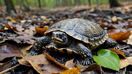 Obraz premium Subtle Camouflage: A Musk Turtle’s Mastery Among Leaves and Twigs