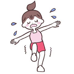 目を閉じ両手を広げよろよろと片足上げする女性全身イラスト