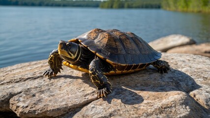 Obraz premium Lakeside Leisure: A Musk Turtle's Day of Warmth and Relaxation