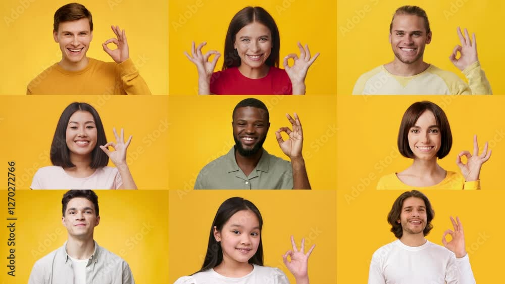 Poster A vibrant collection features individuals of various backgrounds making an okay gesture with their hands. This uplifting set showcases positivity and inclusivity in lifestyle expressions.