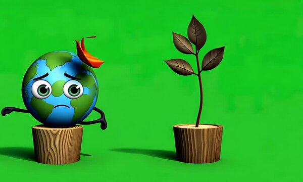 Sad Earth Cartoon Figure with Withered Plant on Green Screen