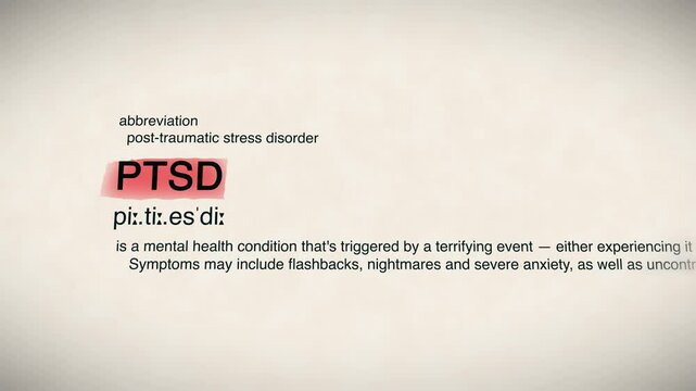 The word "PTSD" appearing in a dictionary animation, highlighting its definition. Represents mental health, trauma, and psychological well-being.