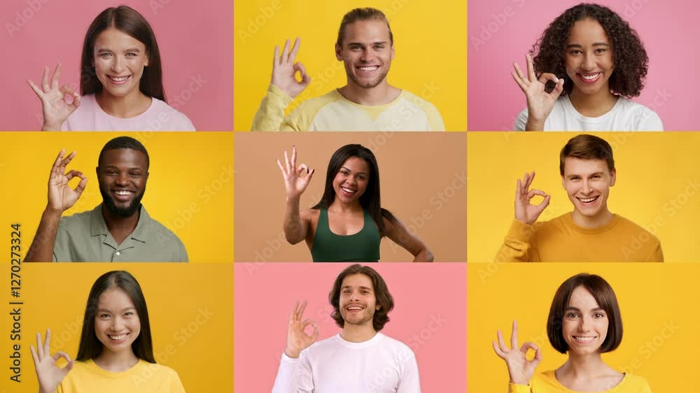 Poster a lively collection of individuals from various backgrounds showing the okay gesture with smiles. ea