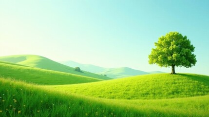 Serene Landscape Featuring a Solitary Tree on a Rolling Green Hill Under a Clear Sky