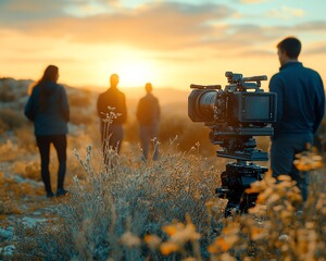 A moment frozen in time through the lens of a view camera, capturing a group of people in a scenic outdoor setting, warm lighting, classic film look, ultradetailed, 8K resolution