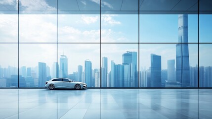 A futuristic car plaza with a skyline reflected in smooth glass windows. Featuring modernism and sophistication