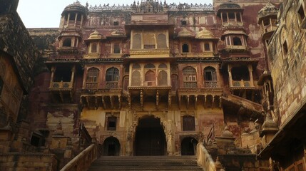 Majestic ancient fort with intricate architecture, surrounded by rugged terrain and clear skies