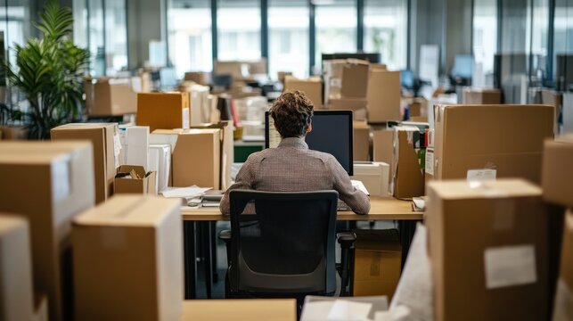 Relocation Day at the Office:  A Single Employee Amidst Cardboard Boxes