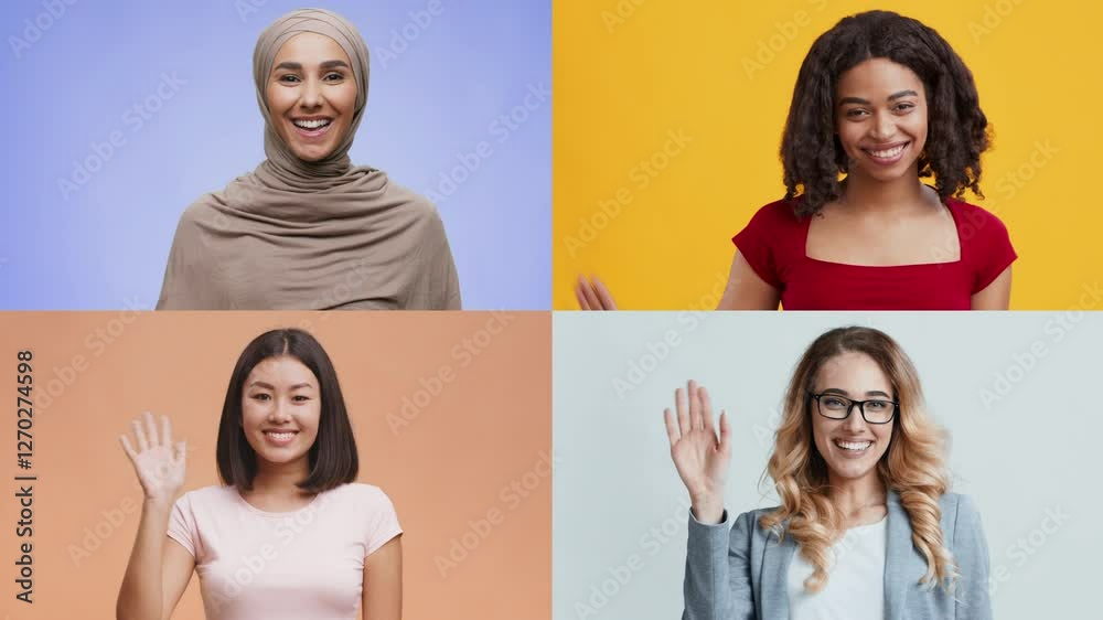 Poster four diverse people display cheerful expressions while waving hello. each person represents a differ