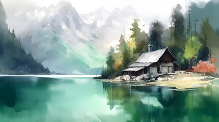 Obraz premium Relaxing by a serene lake watercolor painting