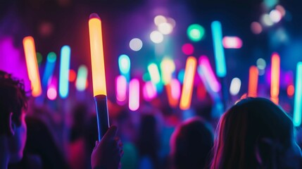 Crowd hold neon-glowing glow sticks at nighttime concert event,enchanting and vibrant atmosphere