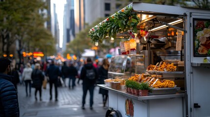 Obraz premium White Food Cart With Displayed Fried Food and Greenery Against City Crowd