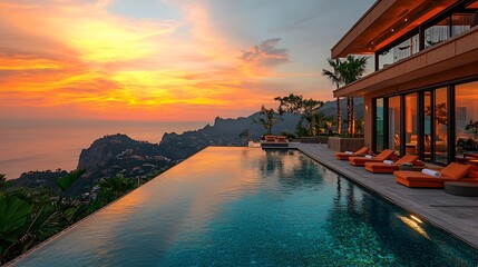 Fototapeta premium Sunset luxury villa infinity pool coastal cliffside relaxation