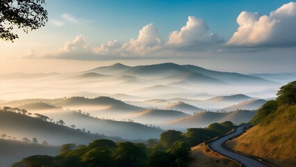 A serene landscape of the Vindhya Range, with misty hills and valleys bathed in warm, golden light, set against a soft blue sky with puffy white clouds, featuring dense forests of green trees with rus