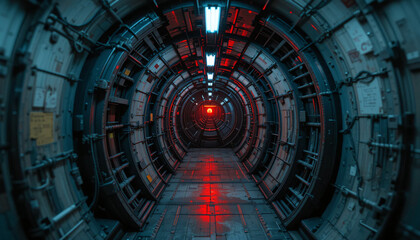 Obraz premium Futuristic Tunnel Corridor With Red Lights