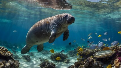 Fototapeta premium Serene Manatee: A Gentle Giant in a Colorful Coral Wonderland