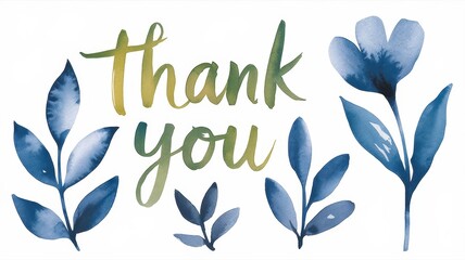 Watercolor thank you message surrounded by blue leafy floral elements