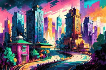 Obraz premium Colorful Buildings, Curvy Road, Expressive Brushstrokes, Bold Palette, Abstract Architecture, Modern Urban Scene, Artistic Impression