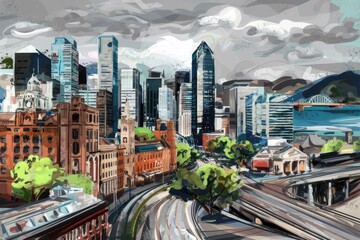 Fototapeta premium Vibrant Stylized Painting of a City Skyline with Railway, featuring bold brushstrokes and a dynamic urban landscape under a textured, cloudy sky