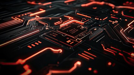 Abstract close-up of a futuristic circuit board with glowing red lines and intricate patterns