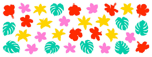 Fototapeta premium Hibiscus, lily, plumeria flowers and monstera leaves on transparent background, silhouette illustrations, tropical illustration collection