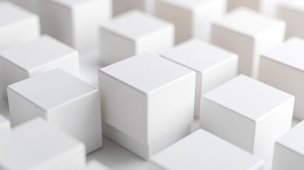 Fototapeta premium This image showcases a minimalist arrangement of white cubes, creating a clean and modern aesthetic. The soft lighting enhances the geometric design, offering a unique background ideal for various