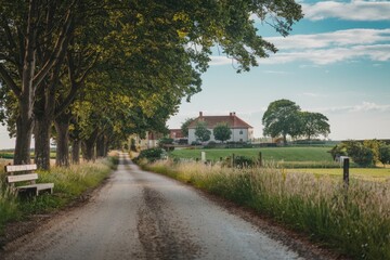 Serene Countryside Road Leading to a White House, Lined with Lush Trees, Warm Evening Light, Rustic Bench, Summer, Blue Sky