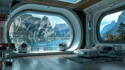 Futuristic Mountain View Bedroom with Advanced Technology