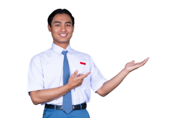 Indonesian Male High School Student in Uniform Presenting Gesture Isolated Transparent