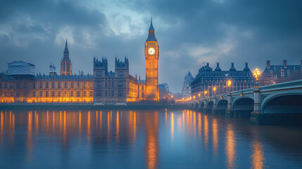 Fototapeta premium The London skyline is lit up at night, with the iconic Big Ben clock tower visible in the distance. The city's river is reflected in the water, creating a serene and picturesque scene