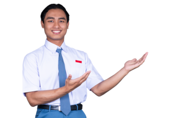 Indonesian Male High School Student in Uniform Presenting Gesture Isolated Transparent