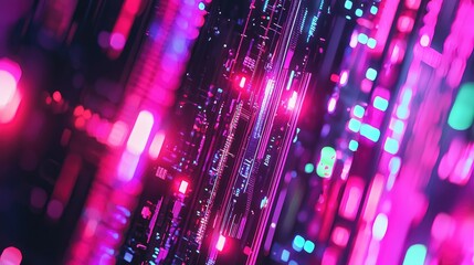 Abstract digital background with vibrant neon lights and patterns, creating a futuristic atmosphere