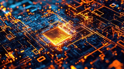 Abstract digital circuit board with glowing orange and blue elements representing technology