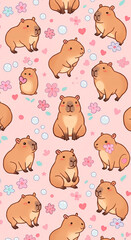 Obraz premium Capybaras in various poses, surrounded by flowers