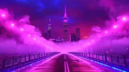 Fototapeta premium Neon Cityscape: A Dreamlike Bridge at Night