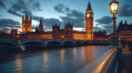 Fototapeta premium The London skyline is lit up at night, with the iconic Big Ben clock tower visible in the distance. The city's river is reflected in the water, creating a serene and picturesque scene