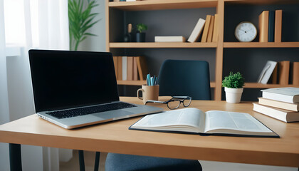 Home workspace with a desk, books, and laptop, creating a cozy interior. Perfect for remote work, distance learning, or online study. A modern and productive environment with a warm and focused ambian