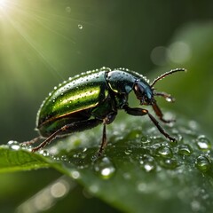 Fototapeta premium Dew-Drenched: The Elaphrus viridis Beetle in a Serene Morning Scene